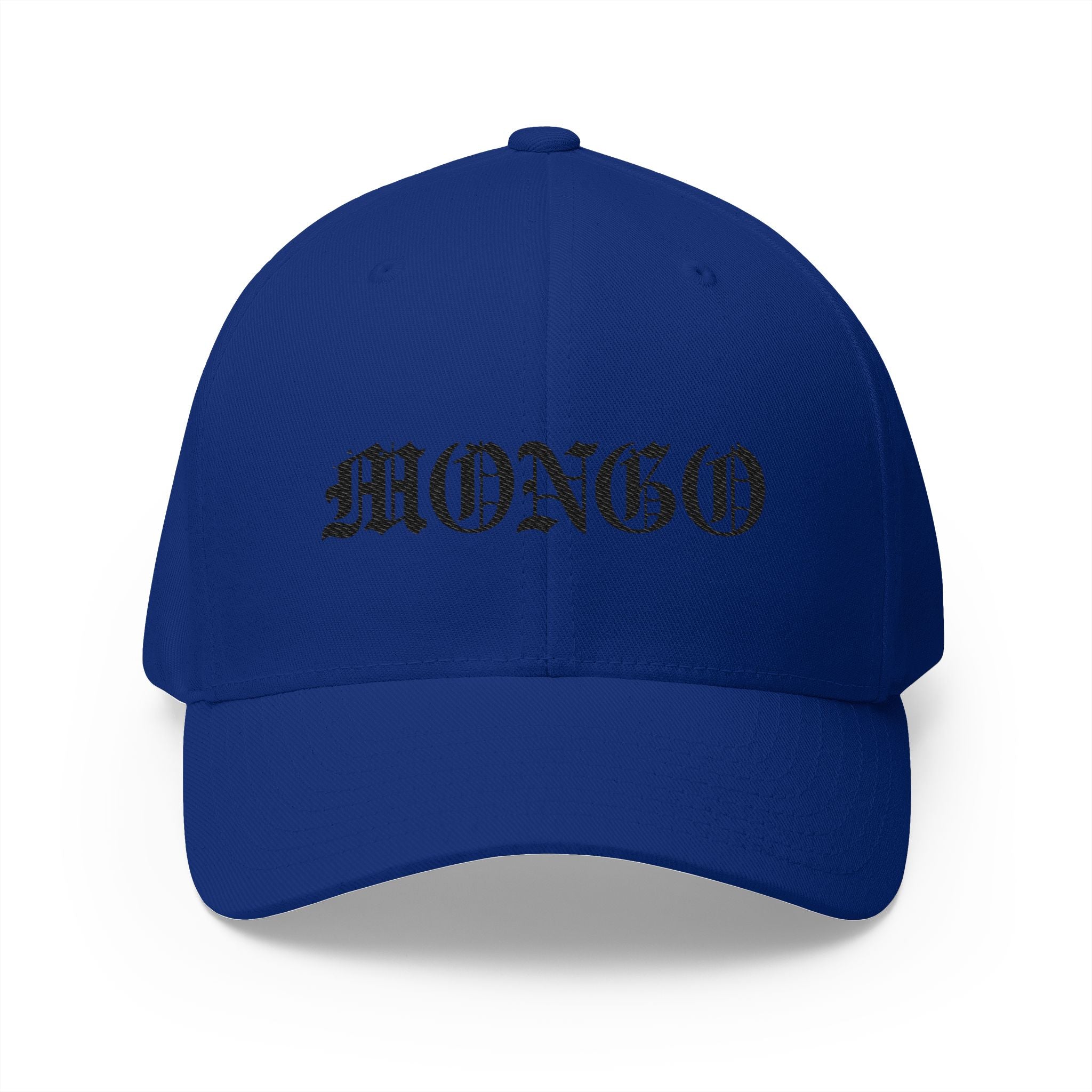 Mongo Embroidered Baseball Cap – Gothic Script White Hat with Back Crown Accent