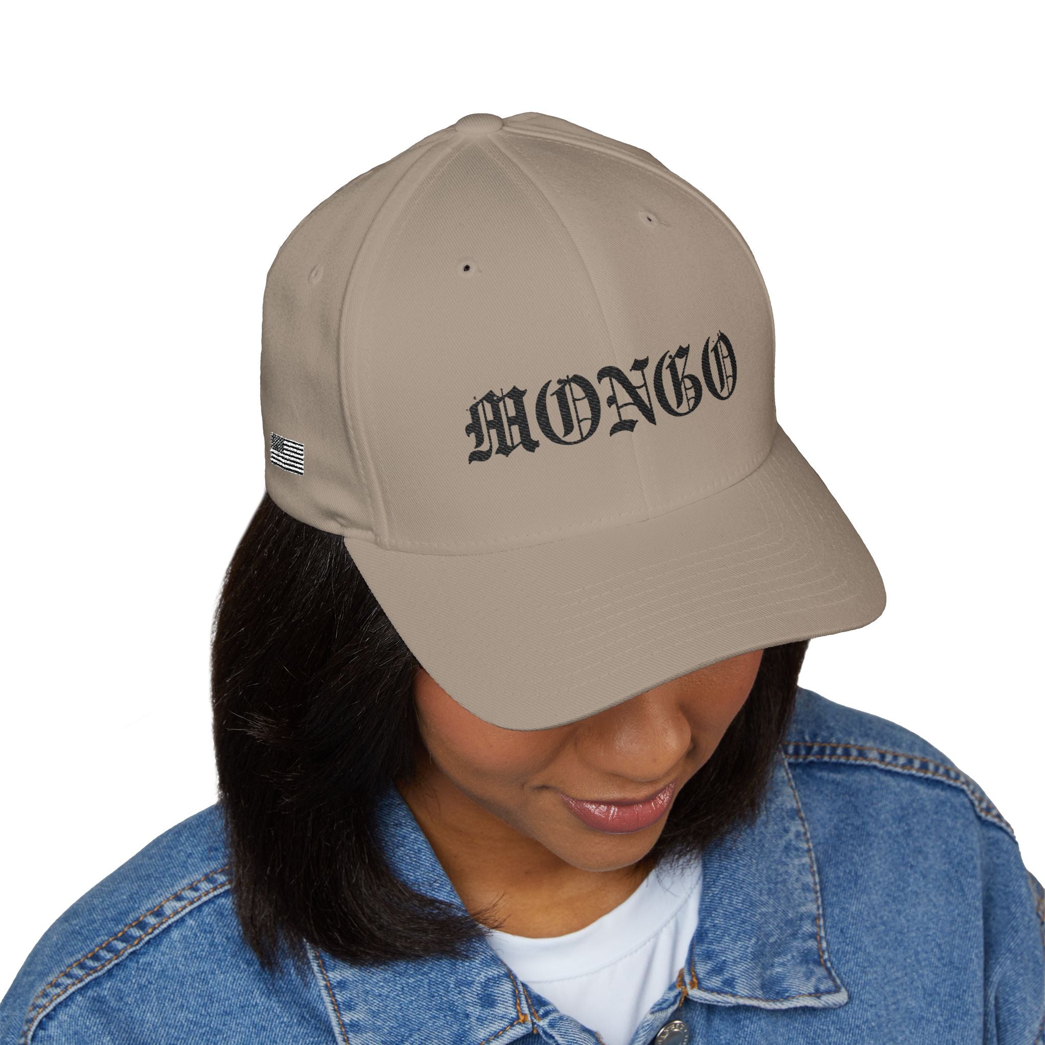 Mongo Embroidered Baseball Cap – Gothic Script White Hat with Back Crown Accent