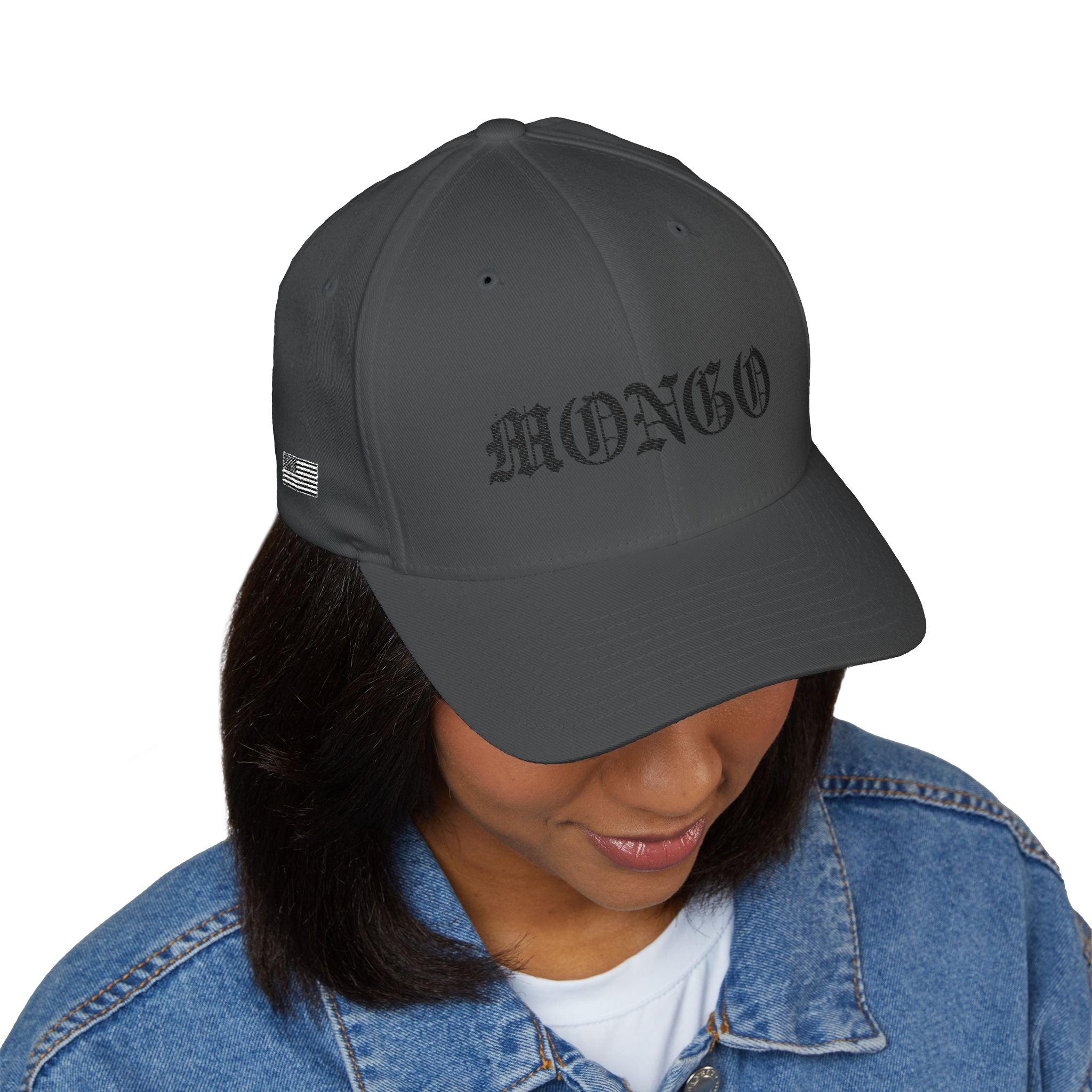 Mongo Embroidered Baseball Cap – Gothic Script White Hat with Back Crown Accent