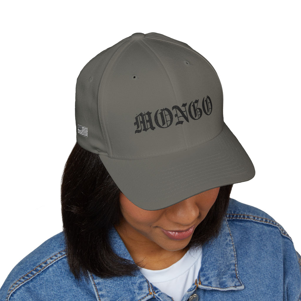 Mongo Embroidered Baseball Cap – Gothic Script White Hat with Back Crown Accent