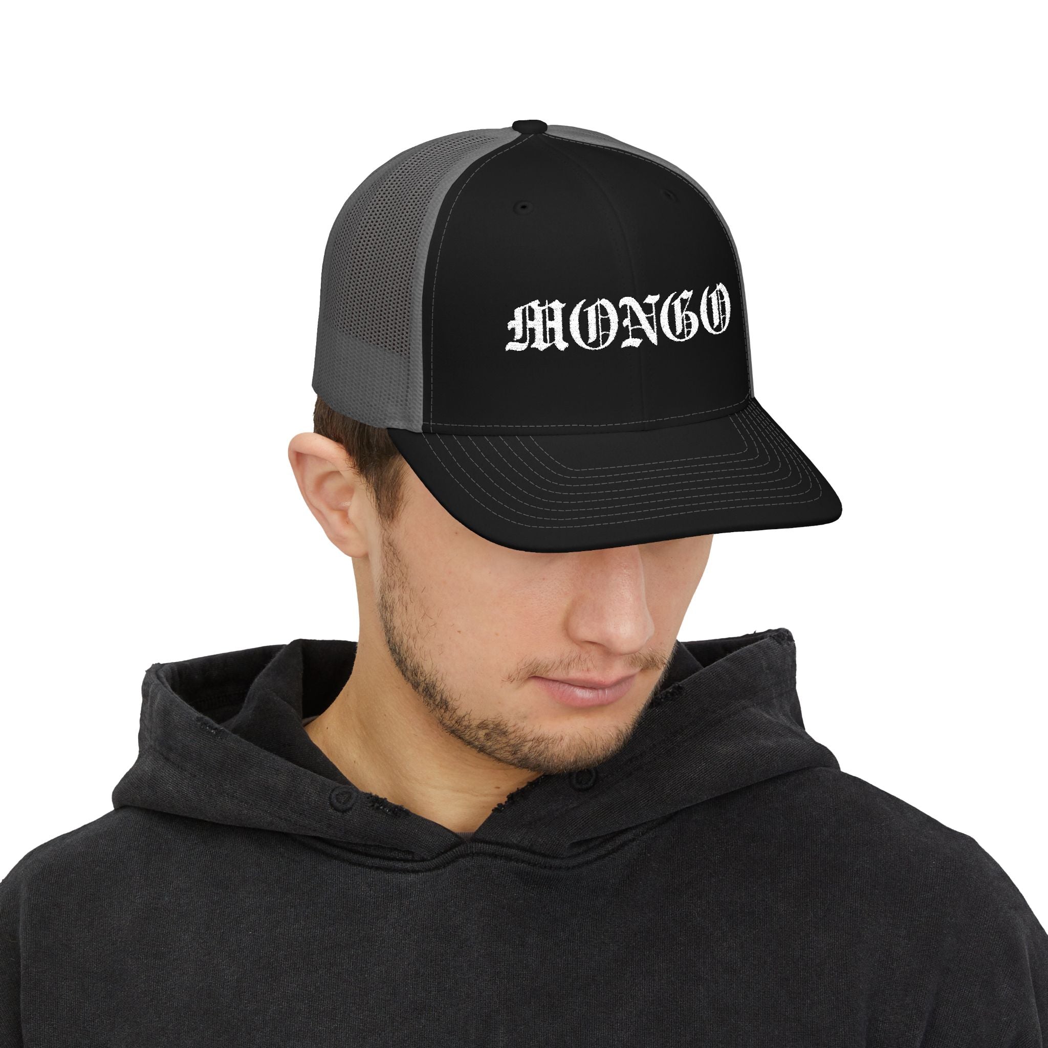 Mongo Embroidered Trucker Cap — Gothic Script Snapback Hat