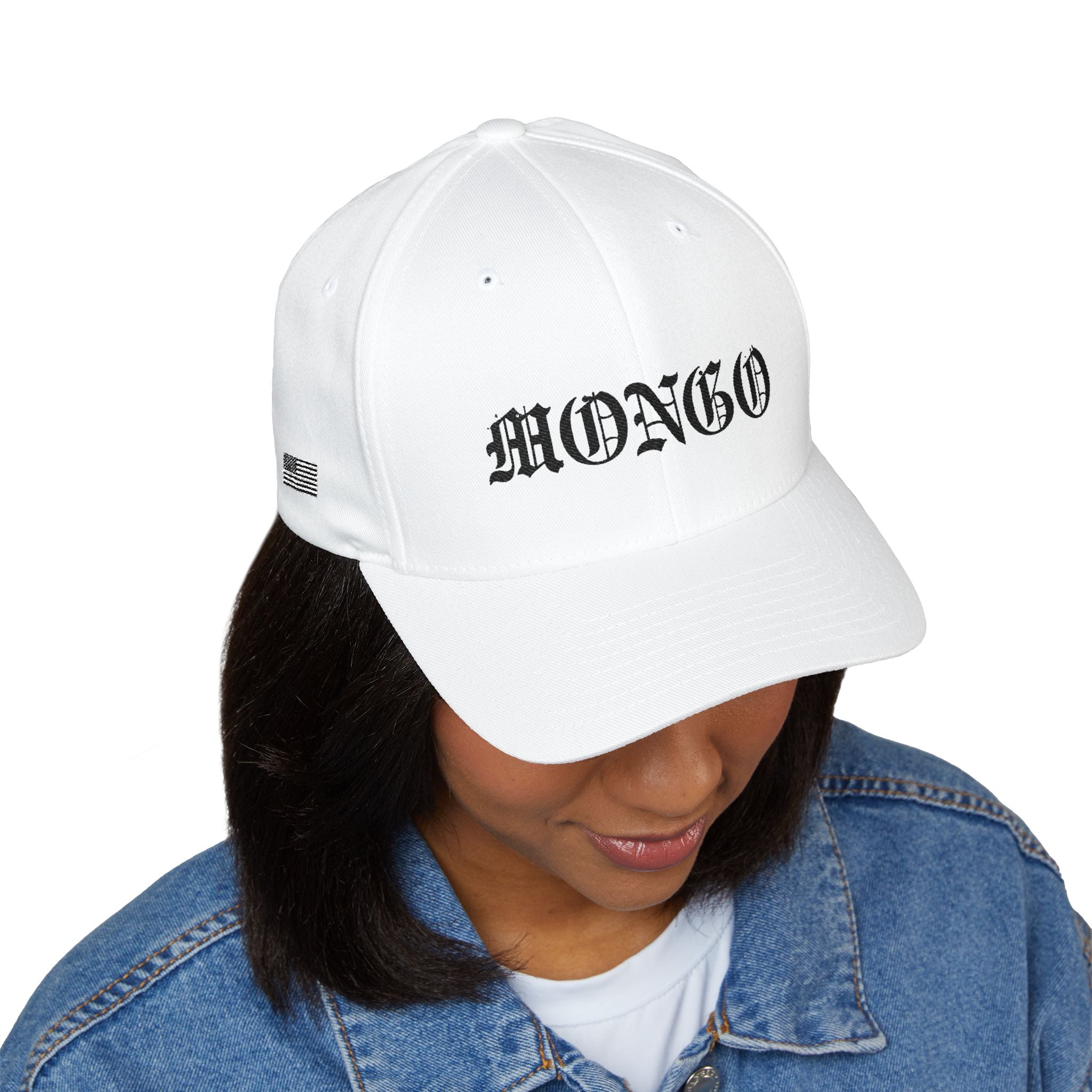 Mongo Embroidered Baseball Cap – Gothic Script White Hat with Back Crown Accent