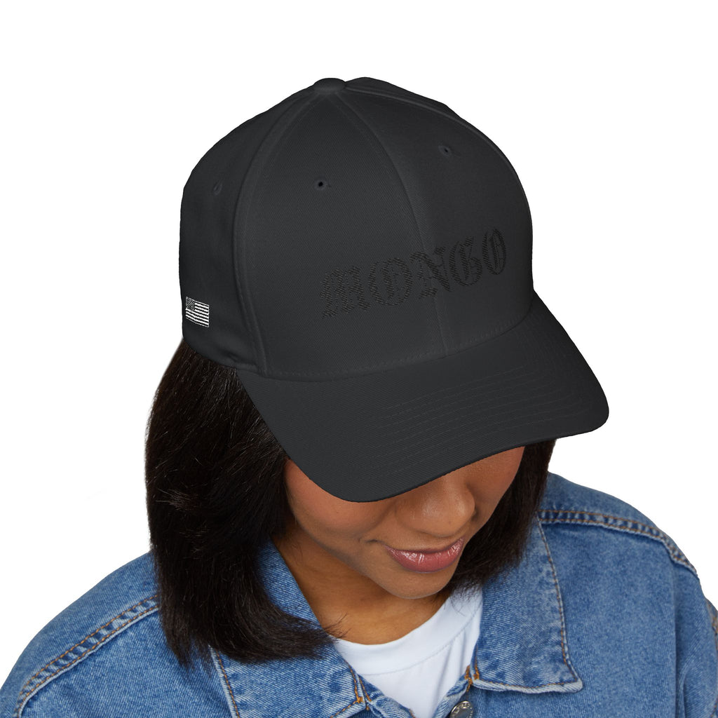 Mongo Embroidered Baseball Cap – Gothic Script White Hat with Back Crown Accent