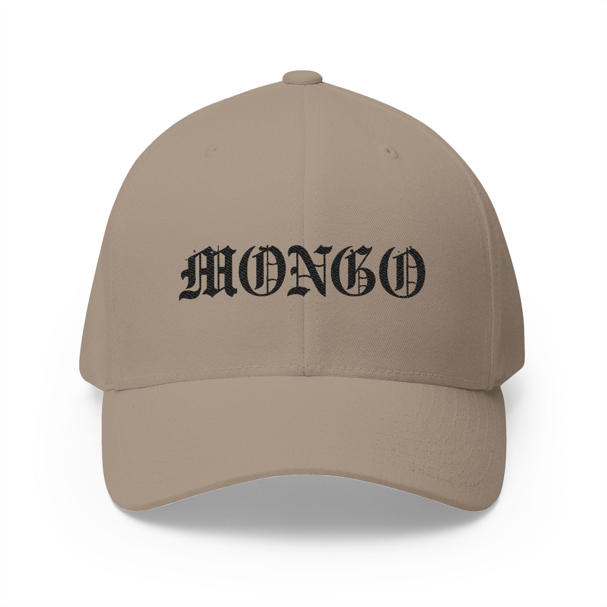Mongo Embroidered Baseball Cap – Gothic Script White Hat with Back Crown Accent