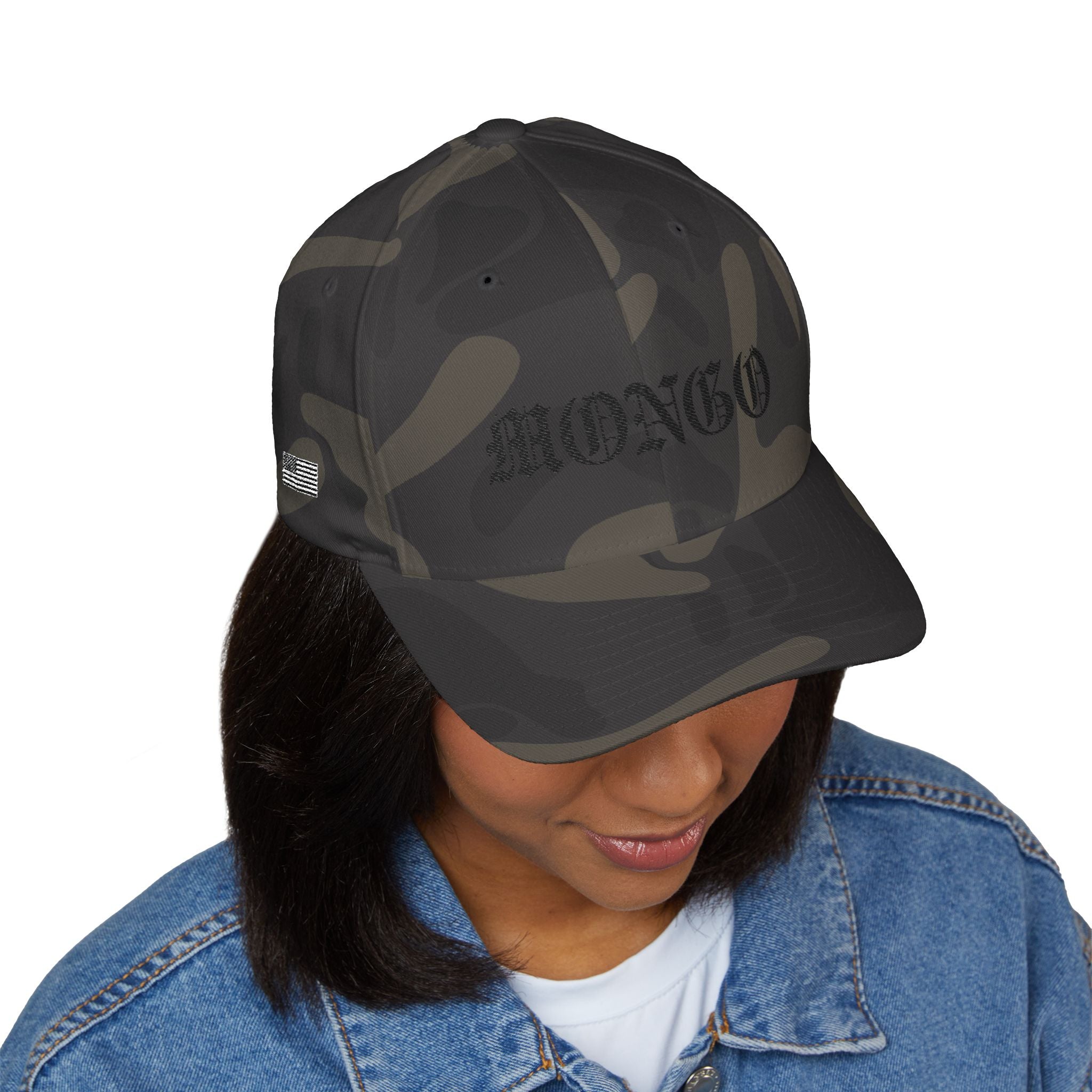Mongo Embroidered Baseball Cap – Gothic Script White Hat with Back Crown Accent