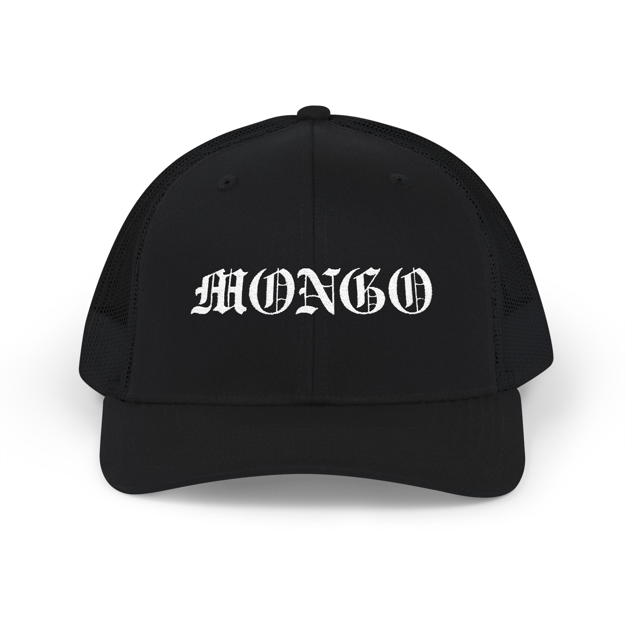 Mongo Embroidered Trucker Cap — Gothic Script Snapback Hat
