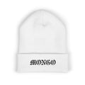 Embroidered 'MONGO' Cuffed Beanie — Gothic Script Winter Knit Hat