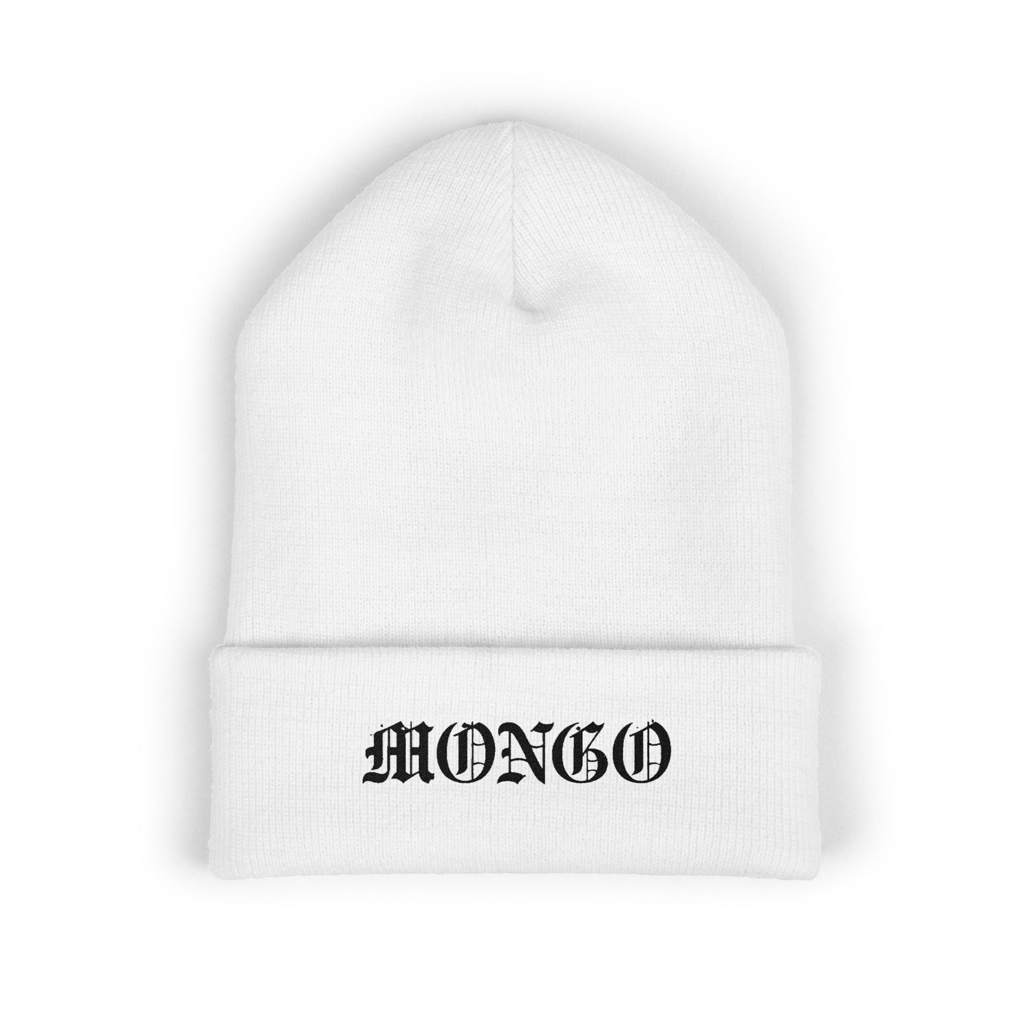Embroidered 'MONGO' Cuffed Beanie — Gothic Script Winter Knit Hat