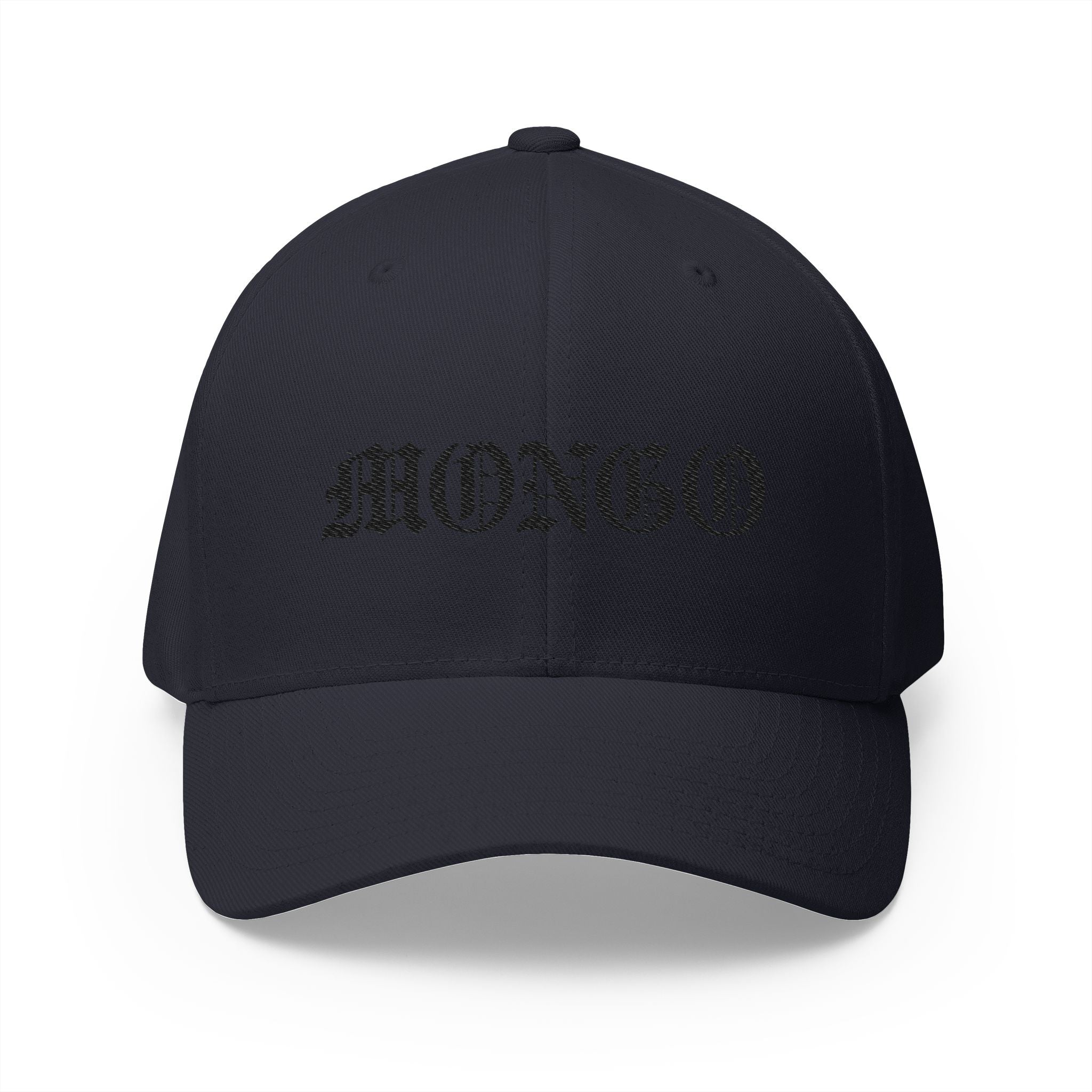 Mongo Embroidered Baseball Cap – Gothic Script White Hat with Back Crown Accent