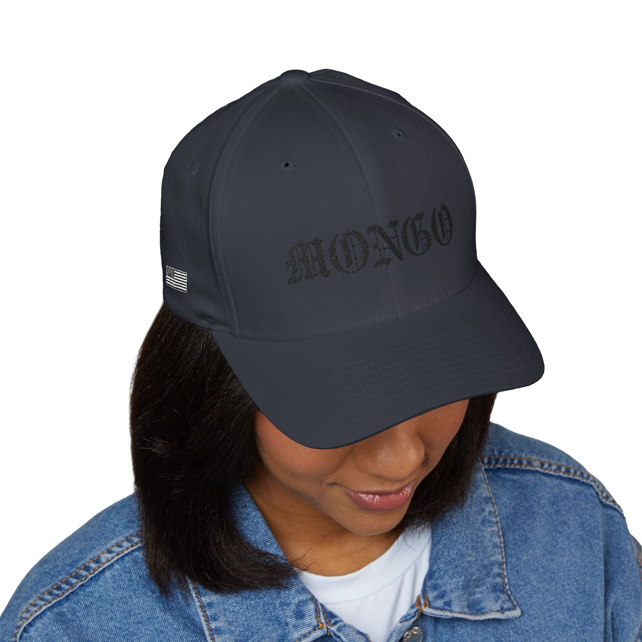 Mongo Embroidered Baseball Cap – Gothic Script White Hat with Back Crown Accent