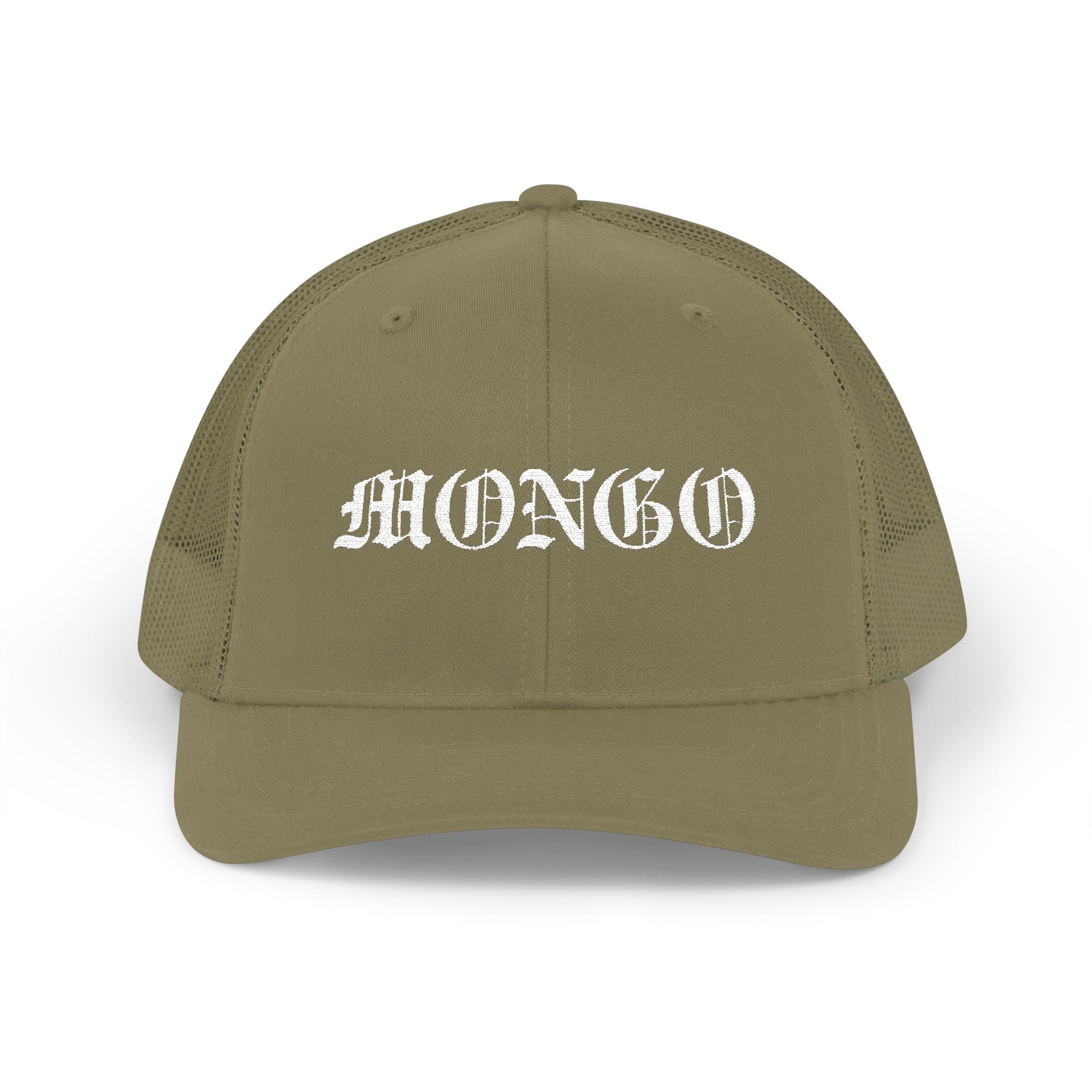 Mongo Embroidered Trucker Cap — Gothic Script Snapback Hat