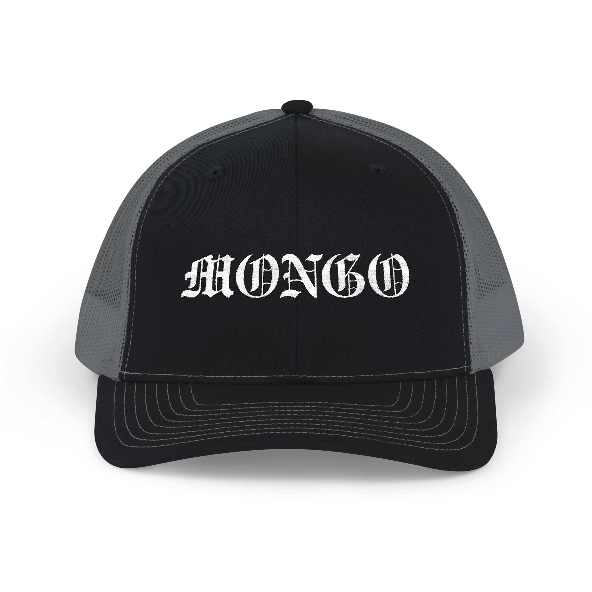 Mongo Embroidered Trucker Cap — Gothic Script Snapback Hat