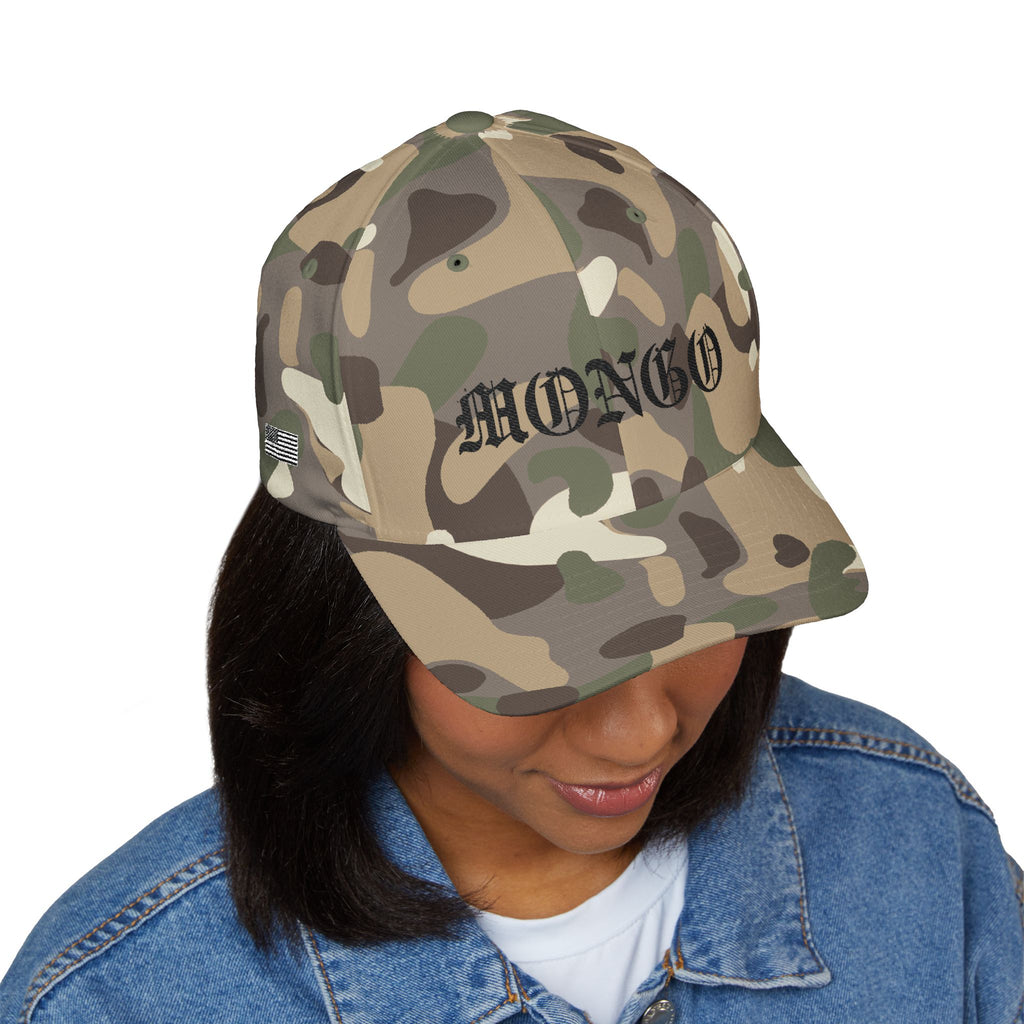 Mongo Embroidered Baseball Cap – Gothic Script White Hat with Back Crown Accent