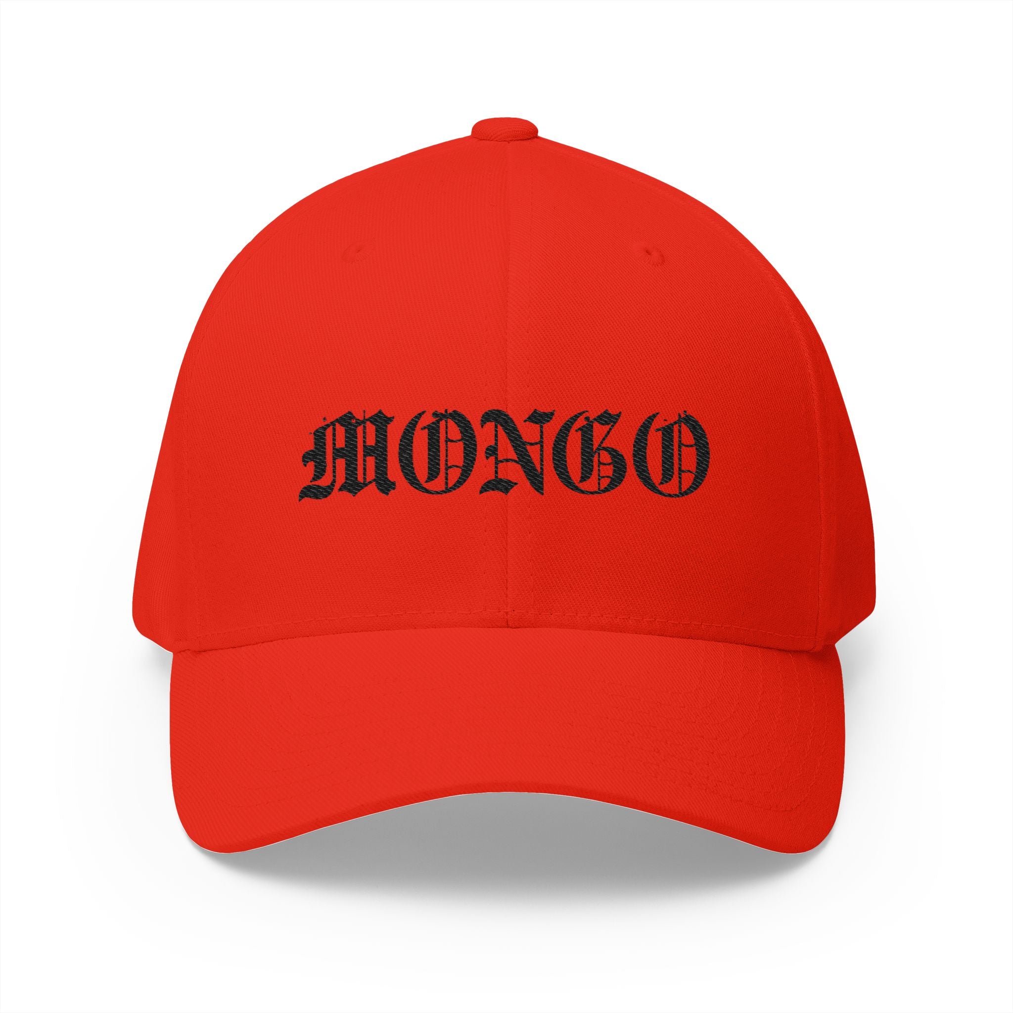Mongo Embroidered Baseball Cap – Gothic Script White Hat with Back Crown Accent