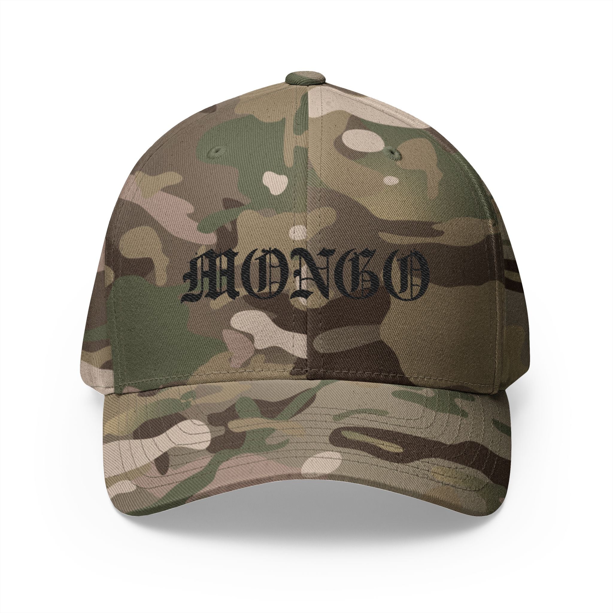 Mongo Embroidered Baseball Cap – Gothic Script White Hat with Back Crown Accent