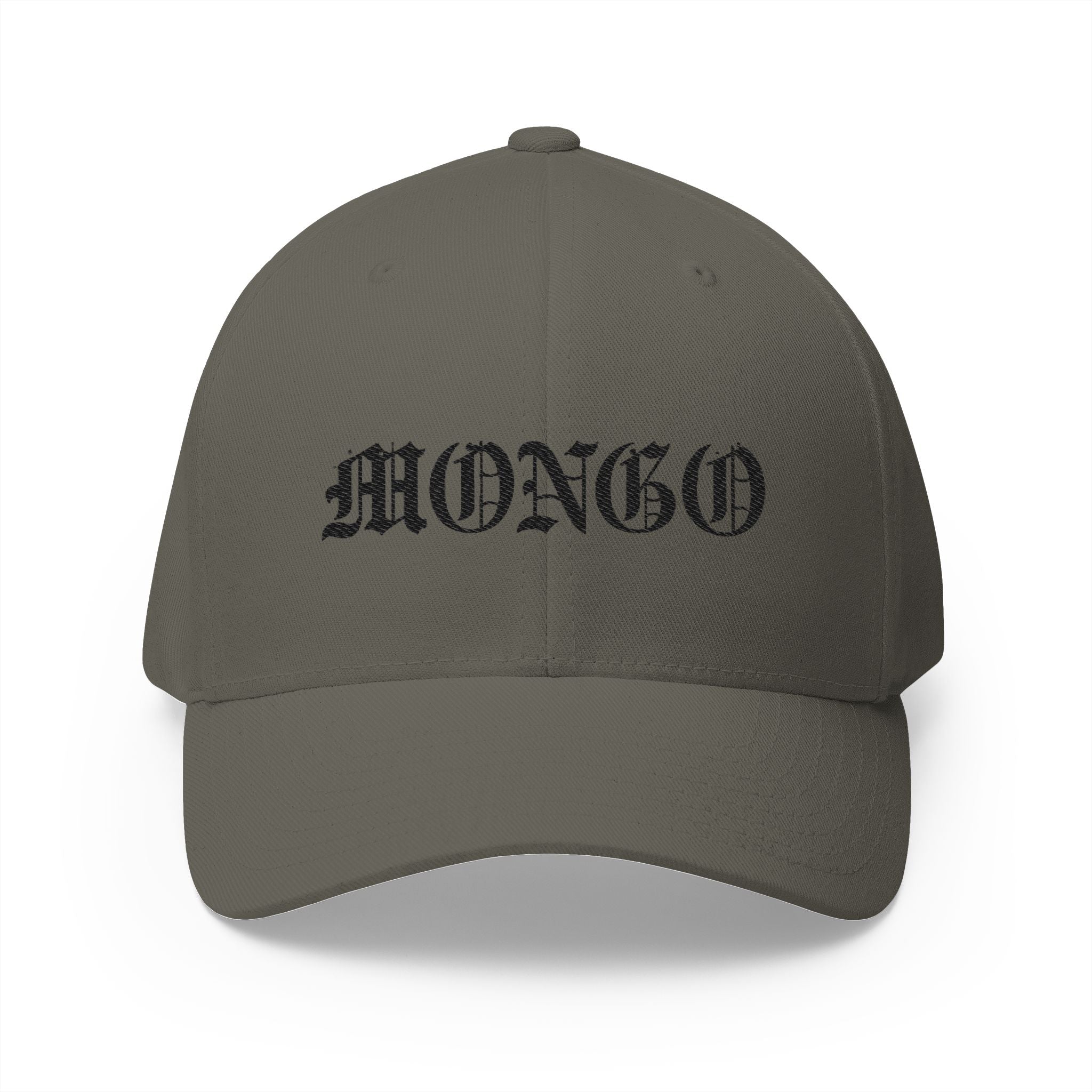 Mongo Embroidered Baseball Cap – Gothic Script White Hat with Back Crown Accent