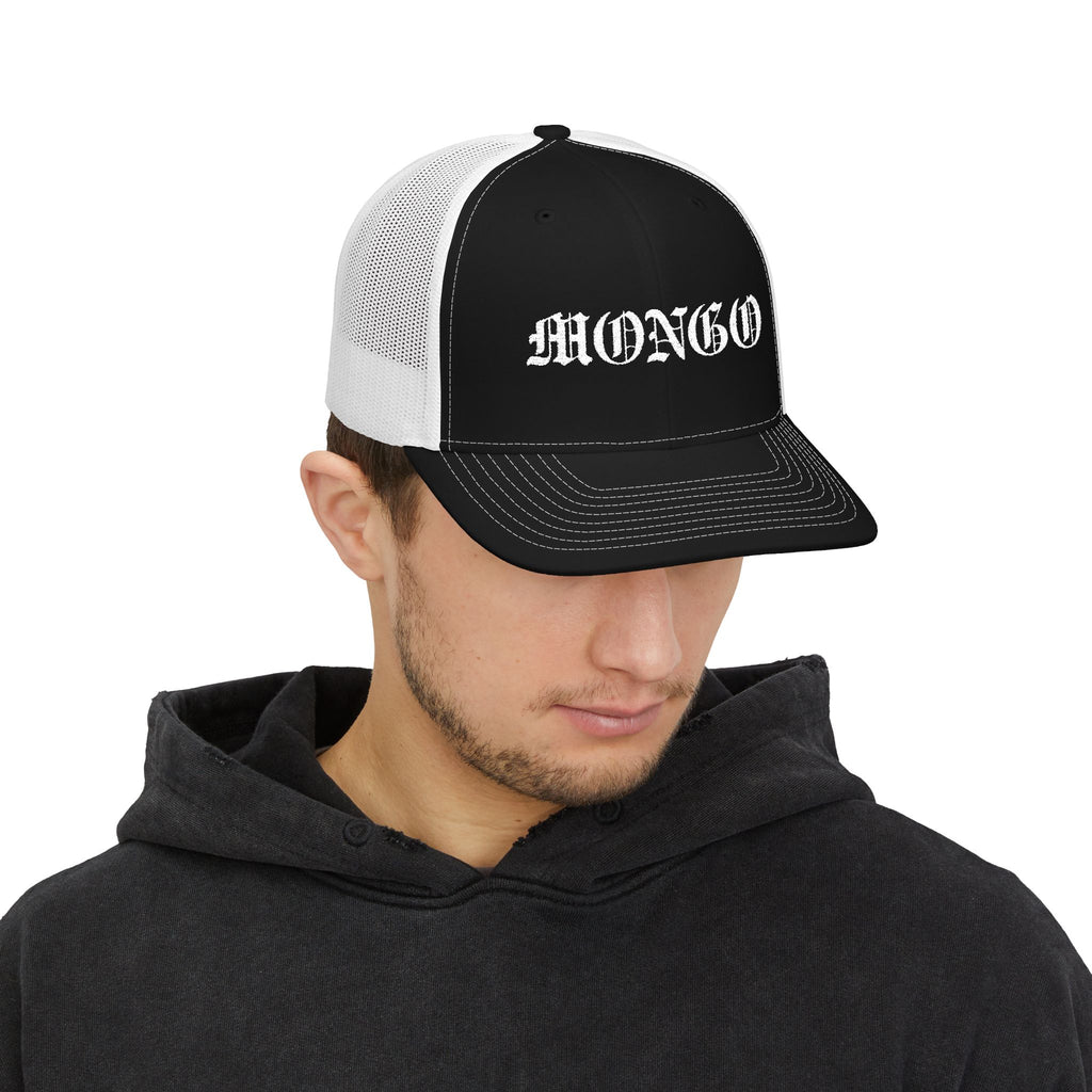 Mongo Embroidered Trucker Cap — Gothic Script Snapback Hat