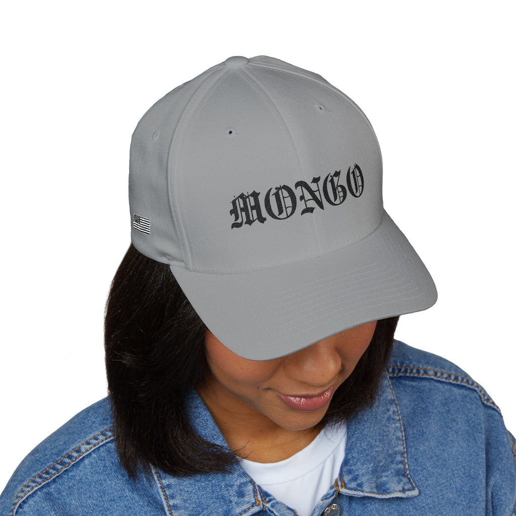 Mongo Embroidered Baseball Cap – Gothic Script White Hat with Back Crown Accent