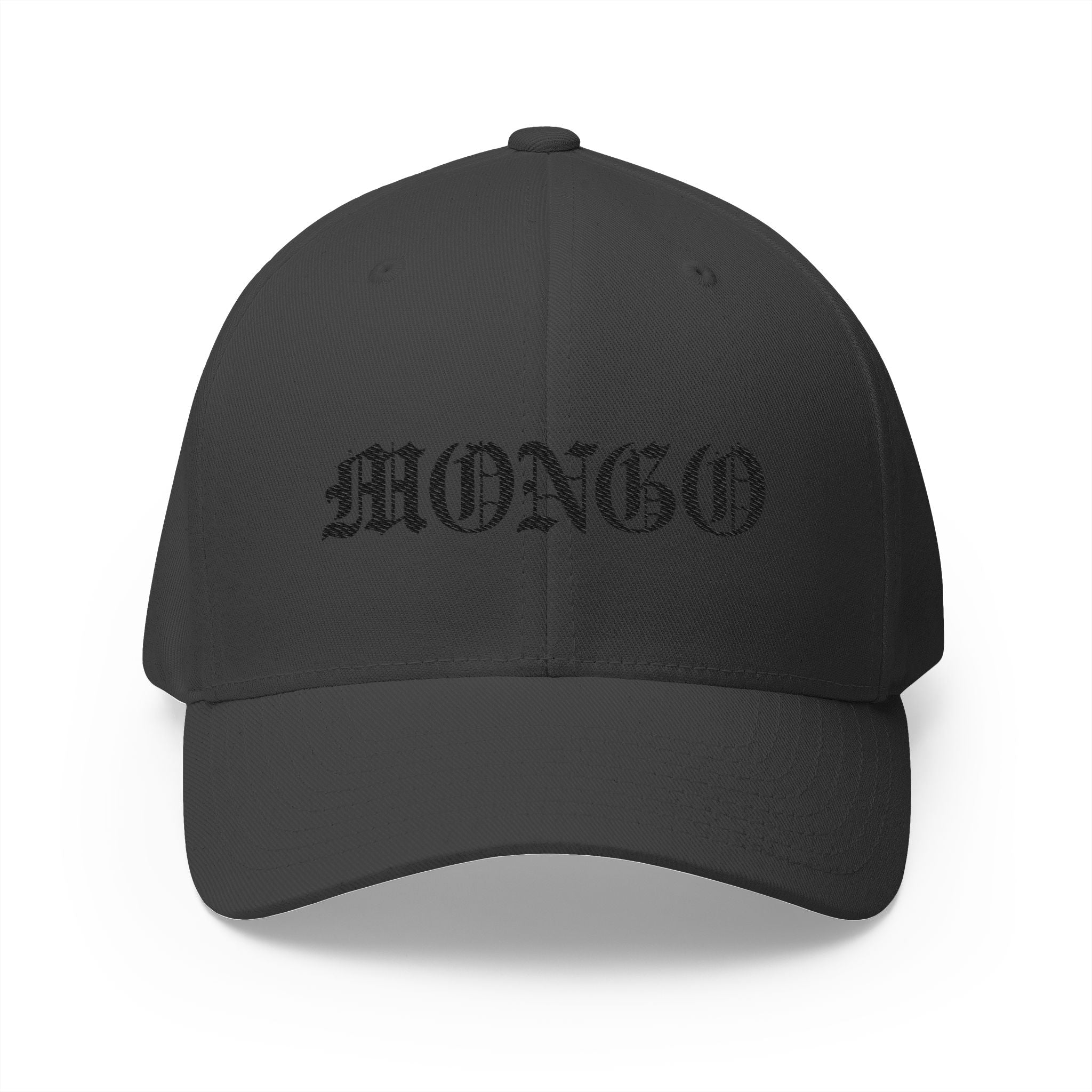 Mongo Embroidered Baseball Cap – Gothic Script White Hat with Back Crown Accent