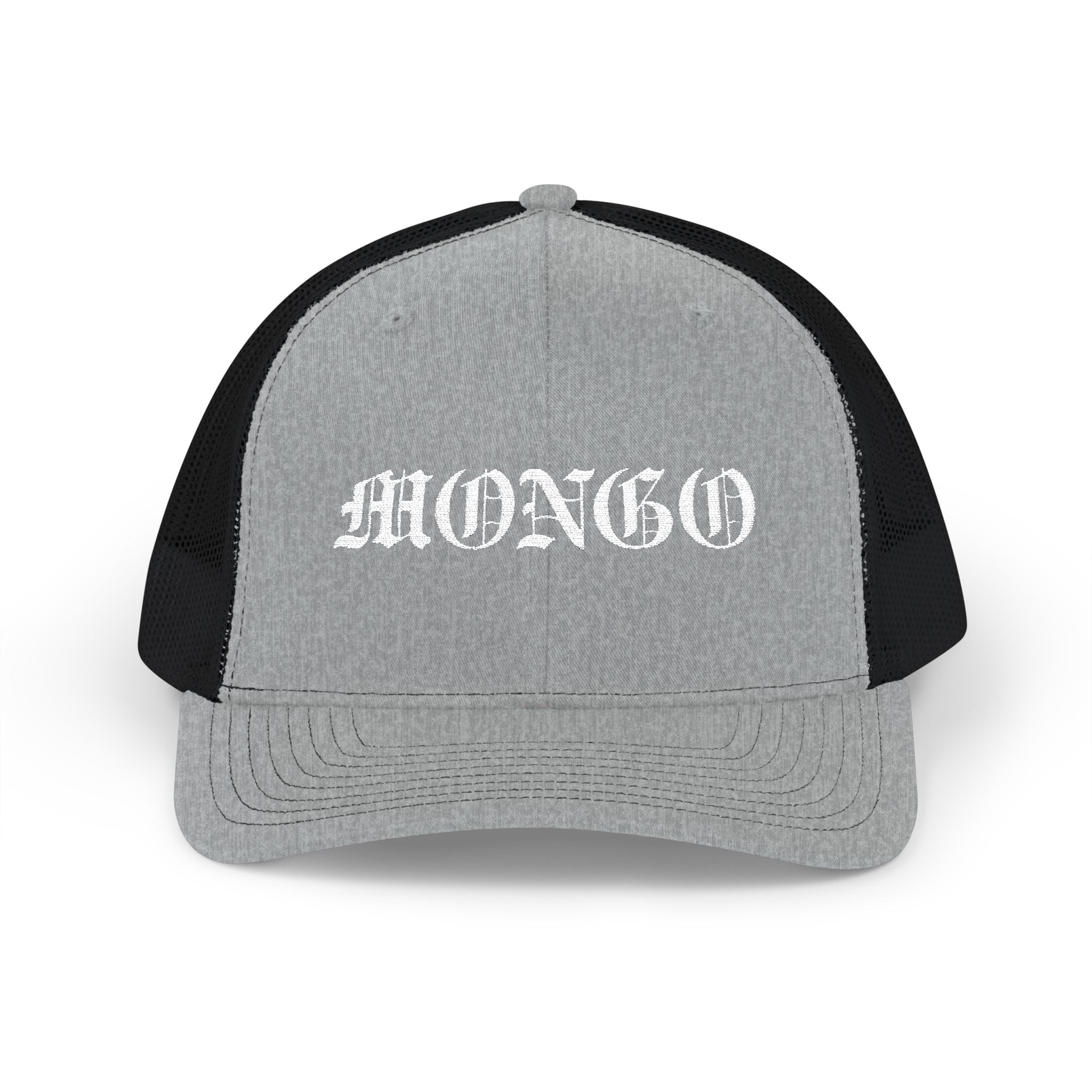 Mongo Embroidered Trucker Cap — Gothic Script Snapback Hat